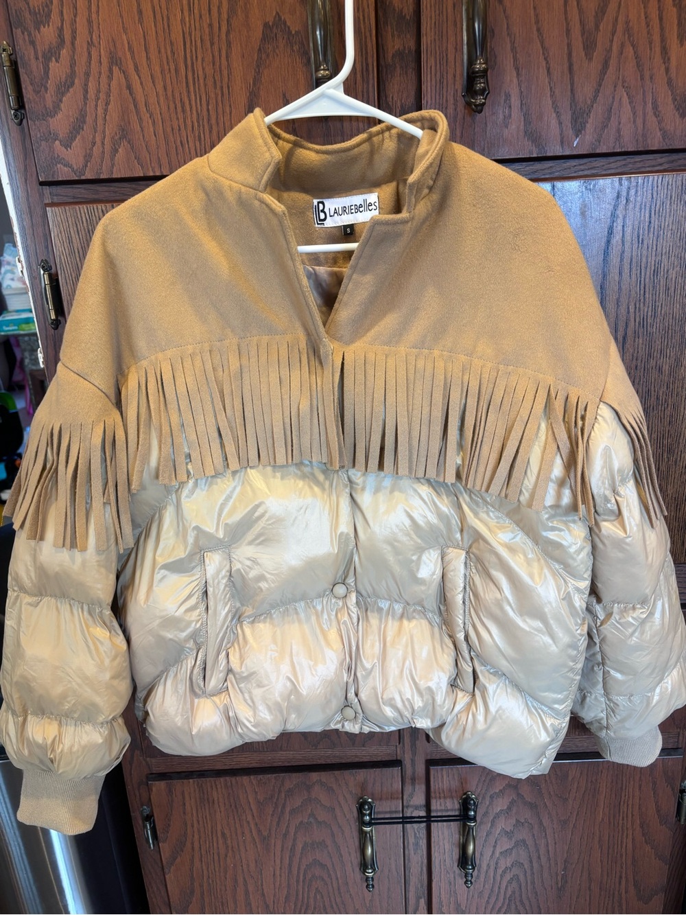 LaurieBelles Two-Tone Fringe Puffer Jacket in Camel
